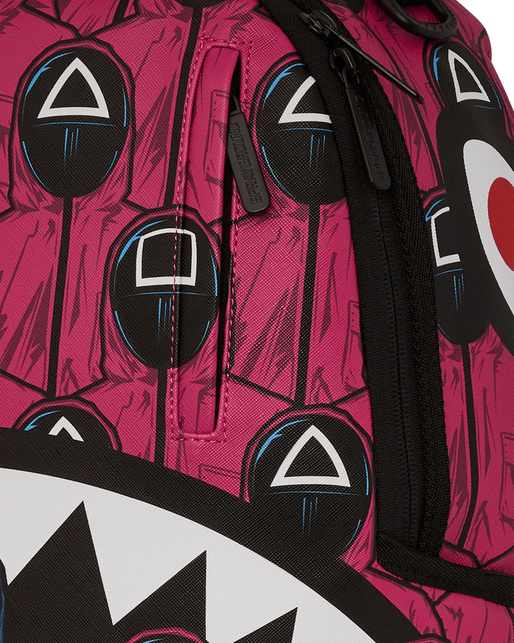 Sprayground X Squid Game Lined Up Front Man & Pink Guard Shark DLXSV Backpack