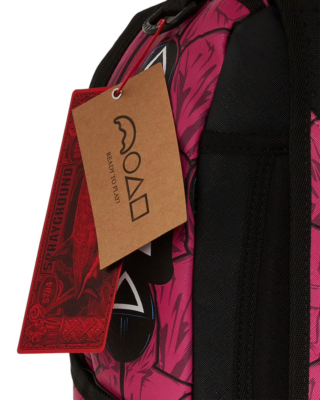 Sprayground X Squid Game Lined Up Front Man & Pink Guard Shark DLXSV Backpack
