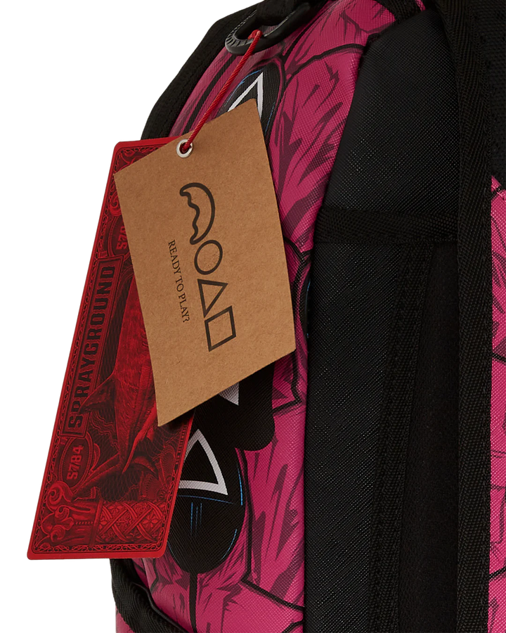 Sprayground X Squid Game Lined Up Front Man & Pink Guard Shark DLXSV Backpack