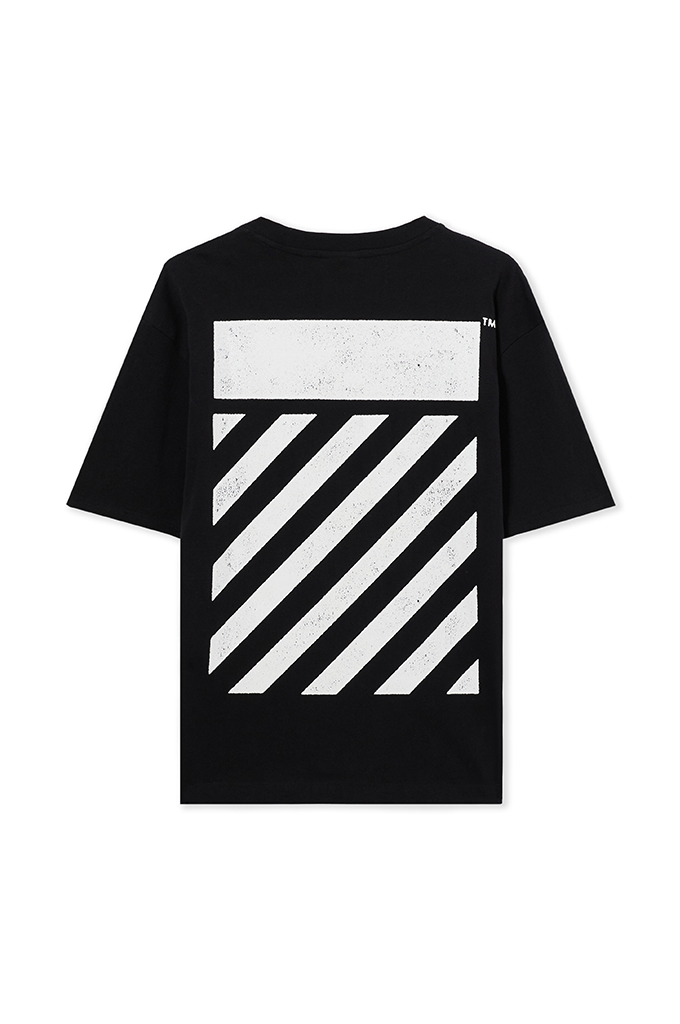 A black short-sleeve t-shirt featuring a large white graphic print on the front, consisting of a solid white block on top and diagonal stripes below, shown against a plain white background.#color_black