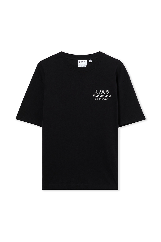 A black short-sleeve crewneck t-shirt with a white 'L/AB BY ORIGIN' graphic printed on the left chest, displayed flat against a solid white background.#color_black