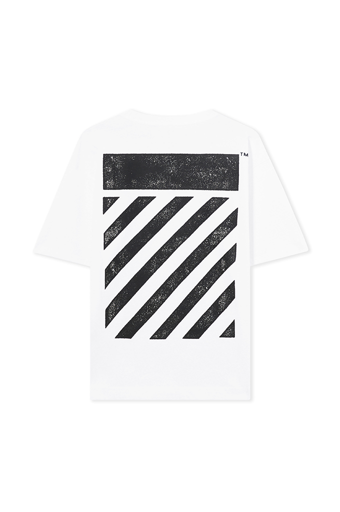 A white short-sleeve t-shirt featuring a large black graphic print on the front, consisting of a solid black block at the top and diagonal stripes below, shown against a plain white background.#color_white