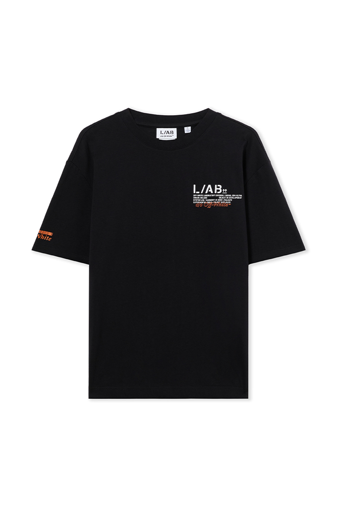 A black short-sleeve crewneck t-shirt with 'L/AB' graphic prints on the left chest and right sleeve, displayed flat against a plain white background.#color_black