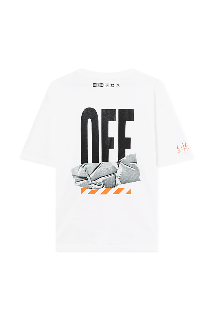Back of an OFF-WHITE tee with big OFF letters and crinkled up tape. #color_white