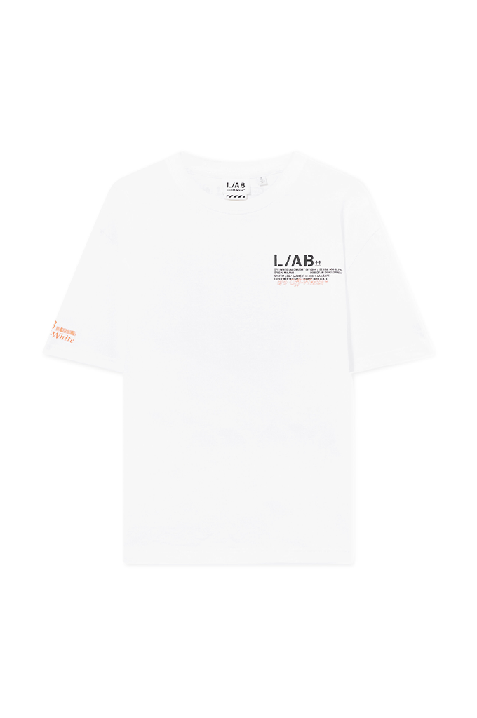 A white short-sleeve t-shirt with black 'L/AB' text and small orange text printed on the left chest and left sleeve, displayed flat against a white background.#color_white