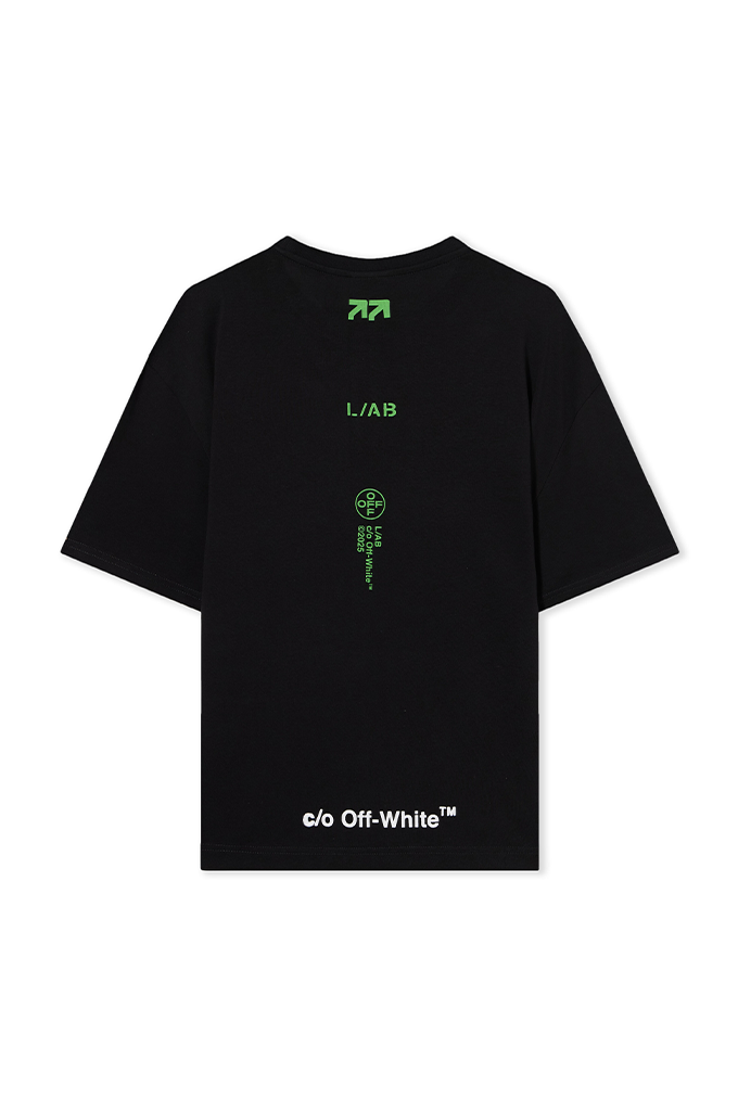 L/AB c/o Off-White Men's Off Stacked Cotton Graphic T-Shirt in Black with Green Logos.