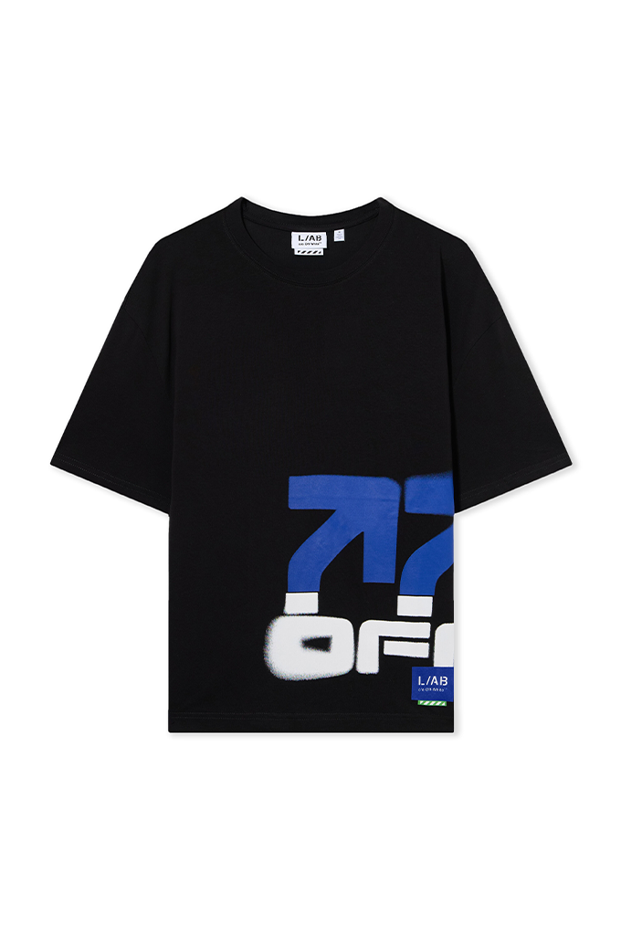 L/AB c/o Off-White Off Stacked short-sleeve graphic t-shirt in black featuring blue arrow and white logo graphics, flat layout product image.