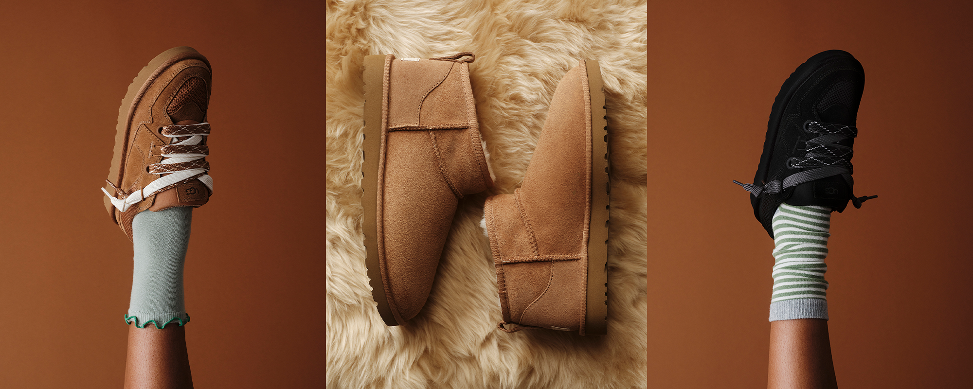 Three panels showing brown UGG lace-up sneakers, classic tan suede ankle boots, and black lace-up sneakers.