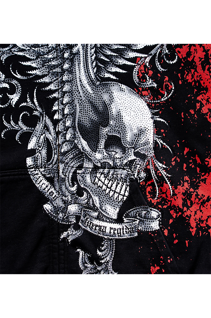 Black denim shorts featuring a large graphic print of a skull with a banner reading 'DEOR REQUIES' in gothic script, set against a background of red splatters and silver ornate scrollwork.