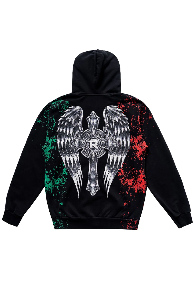 Black pullover hoodie shown from the back, featuring a large graphic print of a silver angel winged cross with an 'R' in the center, flanked by green and red paint splatter details.
