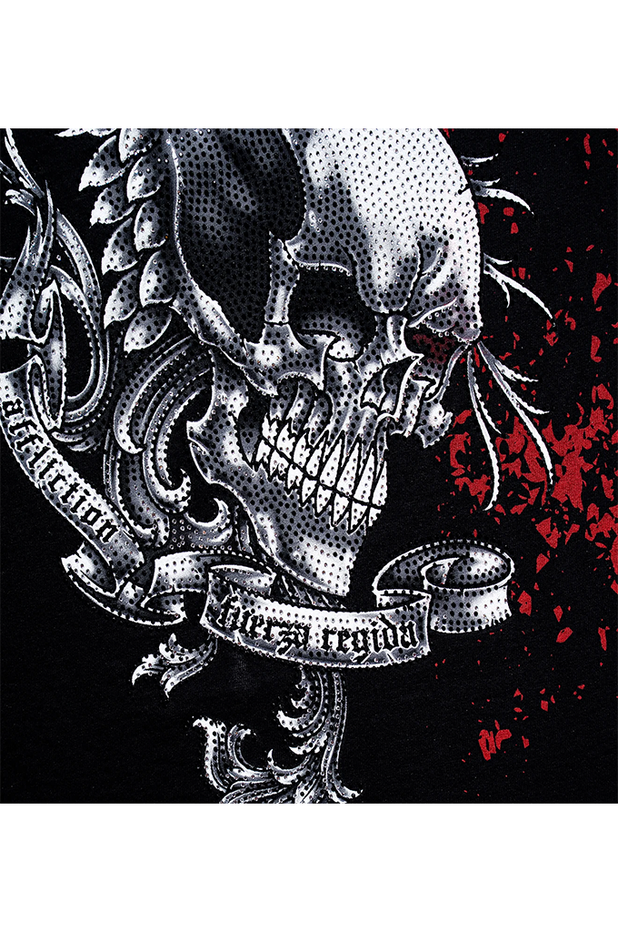 A graphic design featuring a detailed black and white halftone skull with a banner reading 'Every region' on a black background with red splatter accents.
