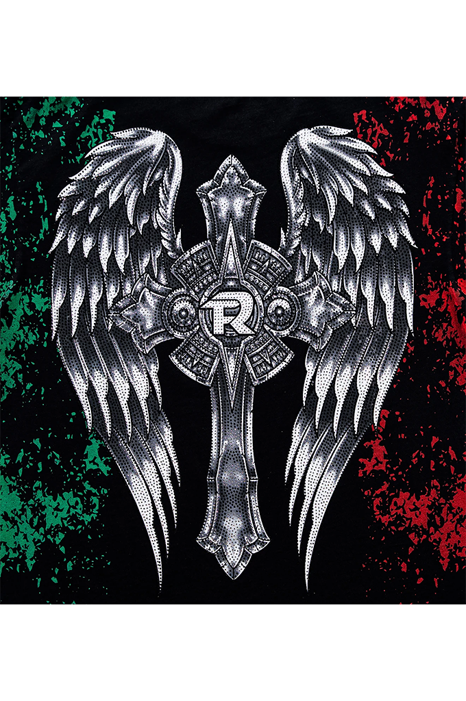 A graphic print featuring a detailed silver angel winged cross with a stylized letter 'R' in the center, set against a black background with green and red distressed splatter patterns on the sides.