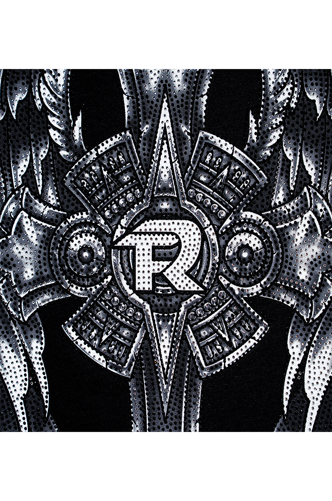 Black and white graphic print featuring a central stylized letter 'R' inside a metallic, ornate cross-like emblem with halftone dot texture.