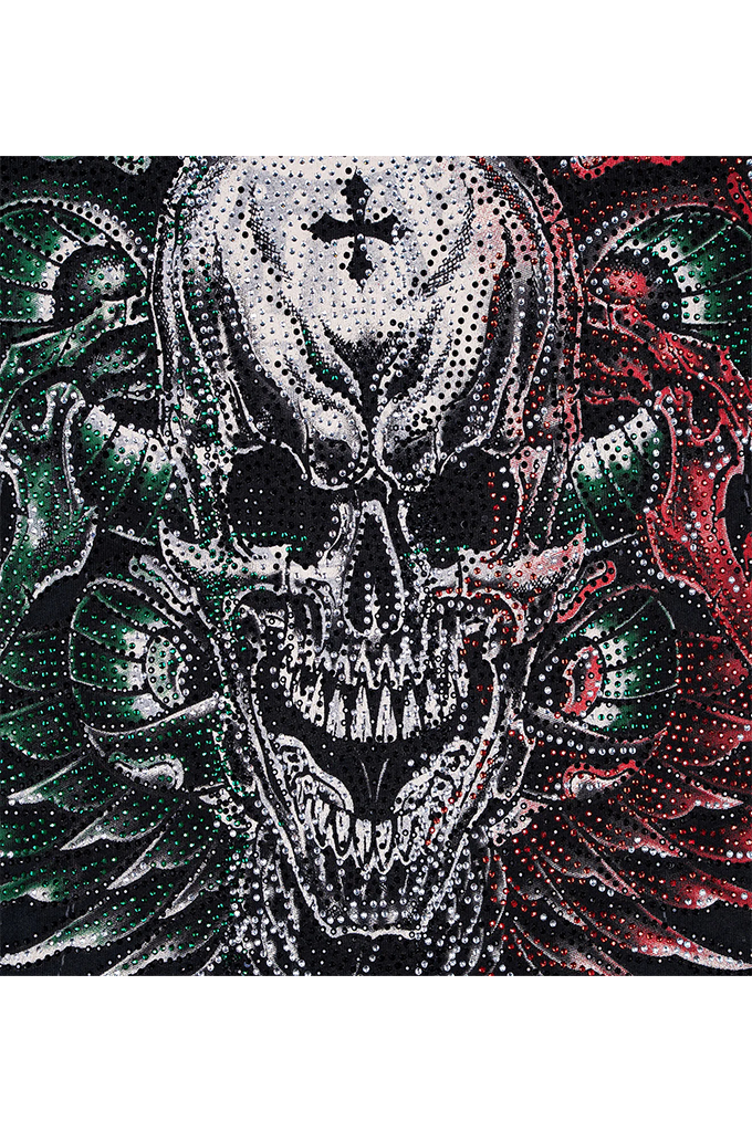 A close-up of a highly detailed graphic print featuring a stylized skull with horns, rendered in black, white, green, and red with a dotted texture.