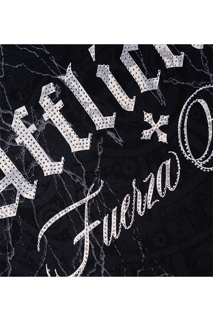 Black fabric with a white marble pattern and large silver rhinestone-embellished gothic lettering reading 'ATLET' and 'Fuerza'.