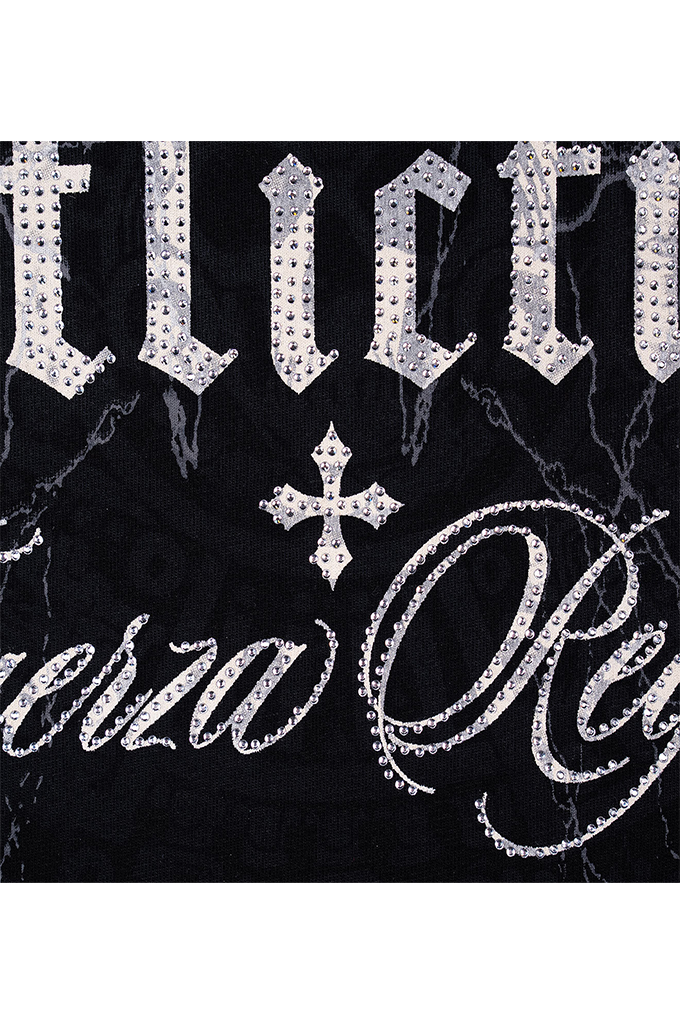 Black fabric with a silver rhinestone-embellished gothic-style text design reading 'Flic-ti.