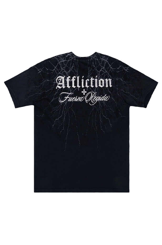 A black short-sleeve t-shirt with a white gothic-style graphic reading 'Affliction' and 'Fuerzo Regular' over a white lightning-bolt pattern, shown flat against a white background.