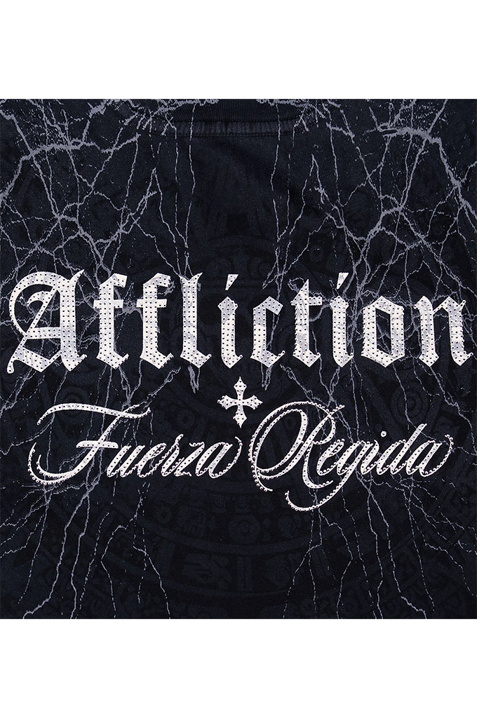 Black t-shirt featuring a white gothic-style graphic print with the words 'Affliction' and 'Fuerza Regida' separated by a cross, set against a white marble crackle pattern.