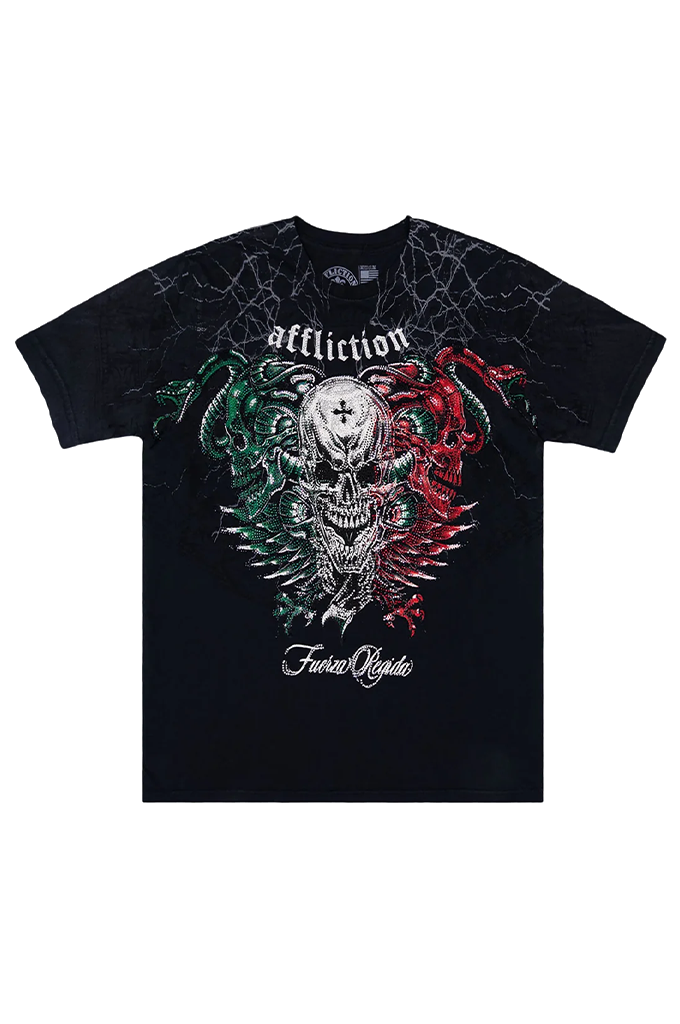 A black short-sleeve graphic t-shirt featuring a detailed skull design with green and red wings, the word 'affliction' above, and 'Feria Occulta' below, displayed flat against a white background.