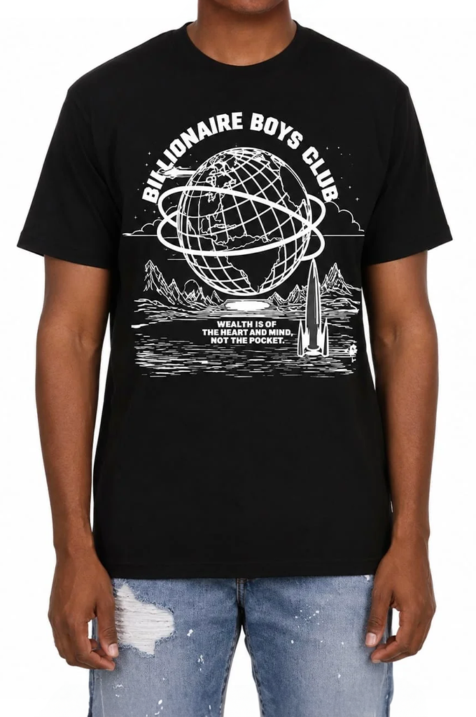 A person wearing a black short-sleeve graphic T-shirt with a white circular globe design and the text 'Billionaire Boys Club' across the chest, paired with light blue distressed jeans against a plain white background.