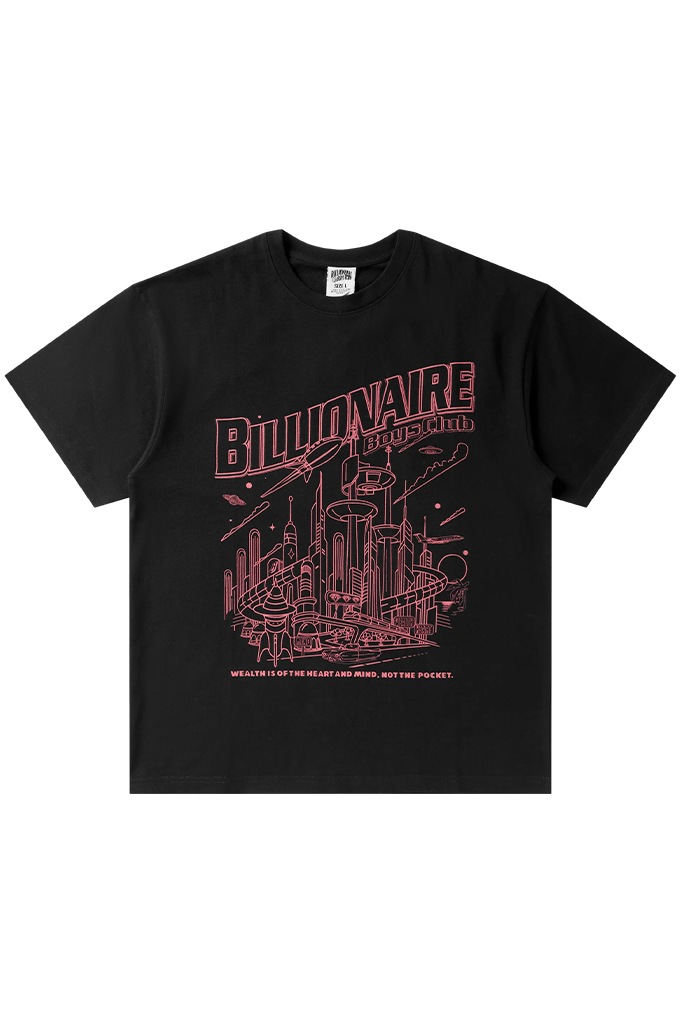 A black short-sleeve t-shirt with a pink graphic print on the front. The graphic features the word 'BILLIONAIRE' in a stylized font above an illustration of skyscrapers and a rocket launching, with the phrase 'WEIGHT IS NOT THE HEART AND MIND, BUT THE Pockets.#color_black