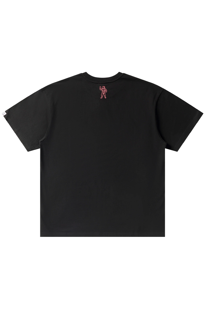 A black short-sleeve crewneck t-shirt shown from the back, featuring a small red graphic logo near the upper neckline, displayed on a solid white background.#color_black