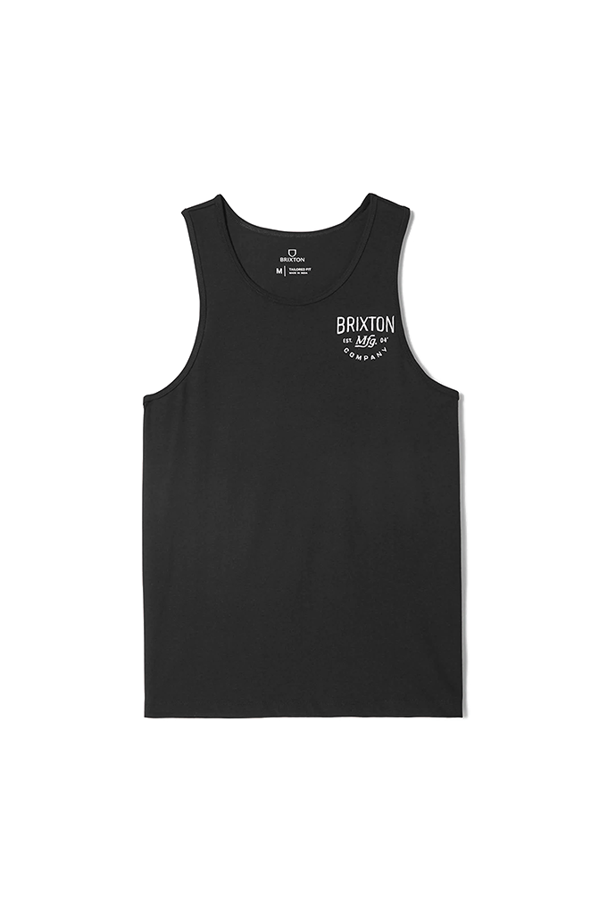 A black Brixton Fremont graphic tank top centered on a solid white background, featuring a small white circular logo printed on the left chest.