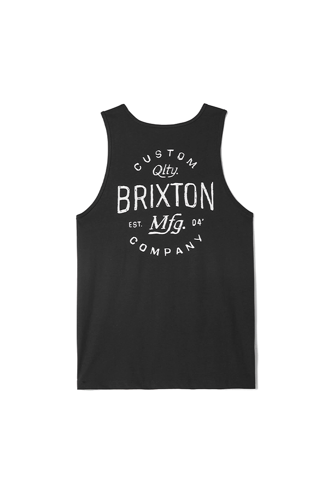 Brixton Men's Fremont Tank Top in black, viewed from the back. It features a circular, distressed white graphic that reads "Custom Qlty. BRIXTON Est. Mfg. 04' Company."
