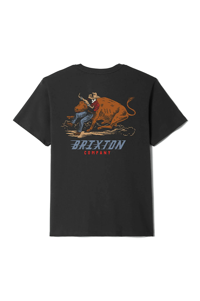 The back of a black crewneck short-sleeve t-shirt featuring a large graphic illustration. The graphic depicts a skeleton cowboy wearing a wide-brimmed hat and a red bandana, actively wrestling a large, muscular brown bull. Dust clouds kick up beneath them on the ground. Below the illustration, the stylized text "BRIXTON" is printed in angled, dusty blue block letters with horizontal speed lines trailing off to the left, and the word "COMPANY" is printed underneath it in smaller red capital letters.