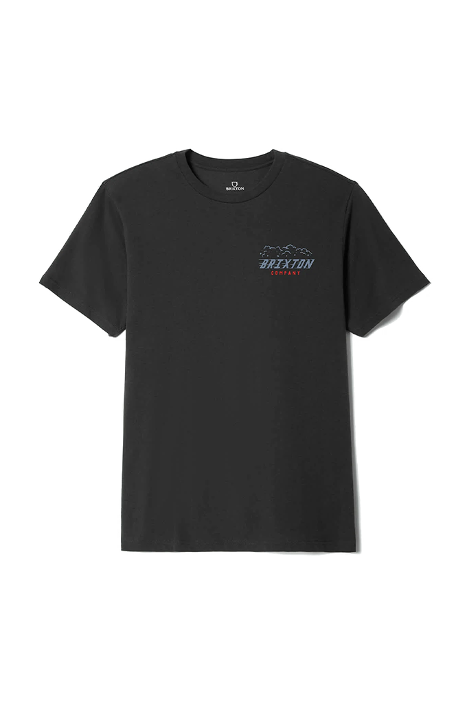 A front-facing product shot of a dark charcoal gray short-sleeve crewneck t-shirt by the brand Brixton. The shirt features a small chest graphic on the left side with a faint outline of running bulls above the brand name "BRIXTON" written in block letters.
