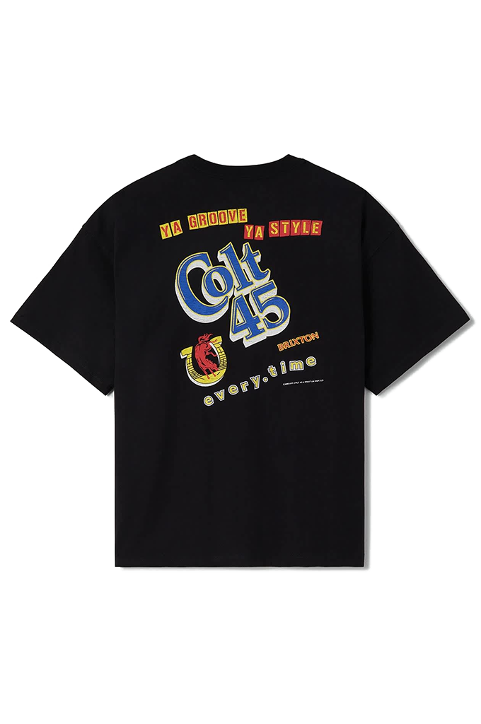 A black oversized short-sleeve t-shirt displayed from the back against a white background, featuring a colorful retro graphic. The graphic includes the words "YA GROOVE" in yellow and "YA STYLE" in red block letters at the top, a large blue and white script "Colt 45" logo in the center, and a red malt liquor bottle inside a yellow horseshoe emblem below it. The word "BRIXTON" is printed in orange script, and the lowercase phrase "every.time" is written in a stylized white font near the bottom. 