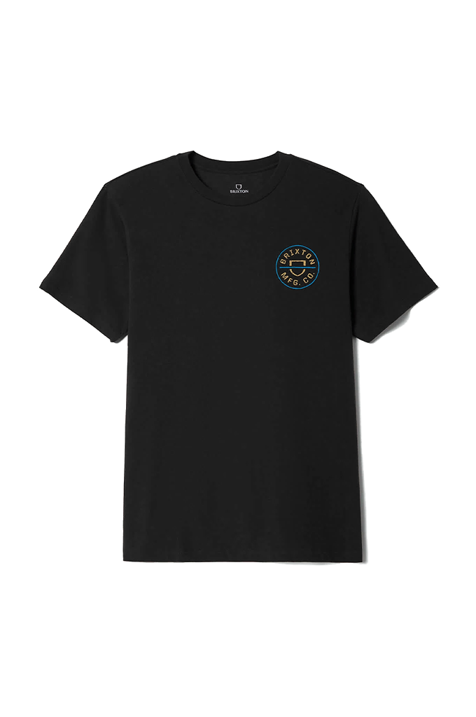 A black short-sleeve crewneck t-shirt with a small 'Brixton' logo printed on the left chest, displayed flat against a light gray background.#color_black-copper-medium-blue