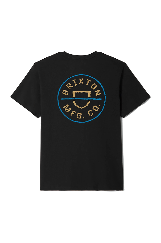 A black short-sleeve crewneck t-shirt with a circular Brixton MFG. Co. #color_black-copper-medium-blue