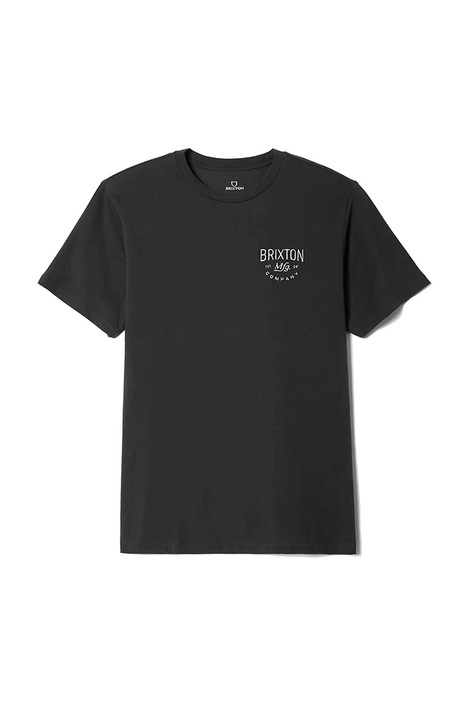 A black crewneck short-sleeve t-shirt laid flat against a white background, featuring a small white circular logo on the left chest that reads "Brixton Mfg Company."