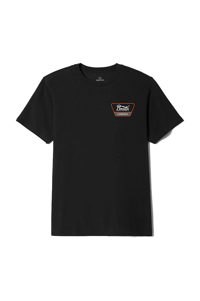 A black short-sleeve crewneck t-shirt with a small chest graphic on the left side, featuring a red and white 'Fruit of the Loom' logo, displayed on a clean white background.#color_black-white-classic-orange