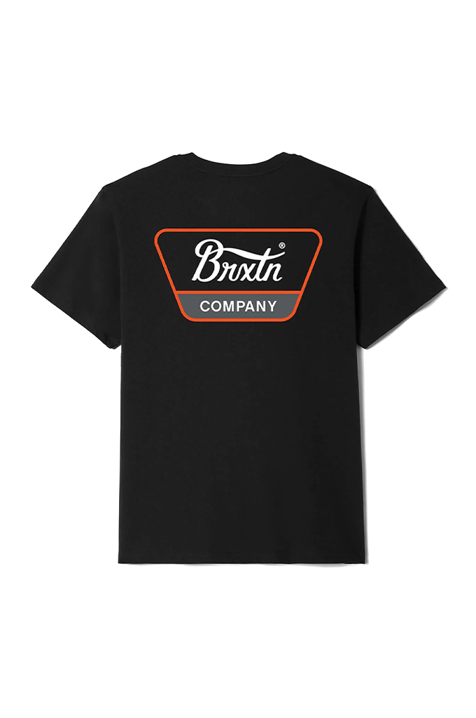 A black short-sleeve t-shirt with a retro-style graphic on the chest featuring the text 'Brixtn COMPANY' in white script and block lettering, outlined in orange and set against a gray background. #color_black-white-classic-orange