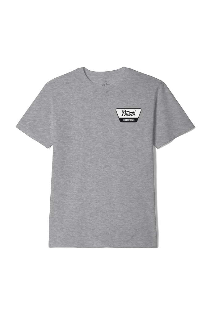 A heather gray short-sleeve t-shirt with a small black and white chest graphic on the left side, displayed against a solid white background.#color_heather-grey-off-white-red-mahogany