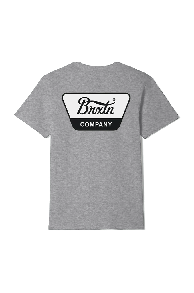 A heather gray short-sleeve t-shirt with a black and white 'Brixton Company' logo printed on the chest, displayed against a solid white background.#color_heather-grey-off-white-red-mahogany