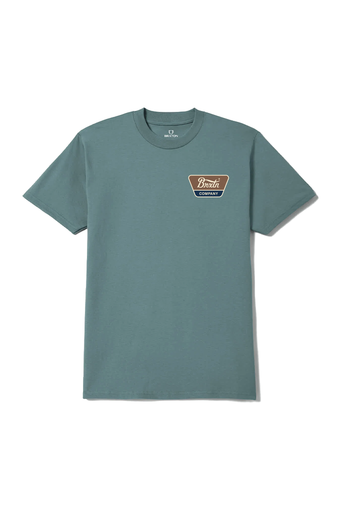 A muted teal-green crewneck t-shirt with a small brown and blue chest Brixton graphic, displayed flat against a clean white background. #color_ocean-breeze-brown-dark-navy
