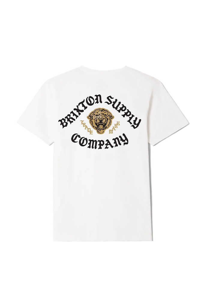 Back of a white crewneck t-shirt featuring a black and gold graphic. The words "BRIXTON SUPPLY" arch over a roaring tiger head emblem outlined in gold, with the word "COMPANY" curved underneath in a stylized gothic font.