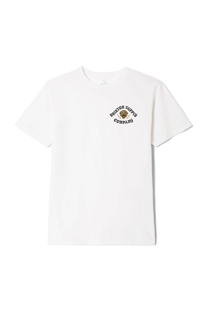 "A plain white short-sleeve crewneck t-shirt. On the left chest, it features a small circular graphic containing a brown tiger head surrounded by the arched black text 'BRIXTON SUPPLY' on top and 'COMPANY' on the bottom."