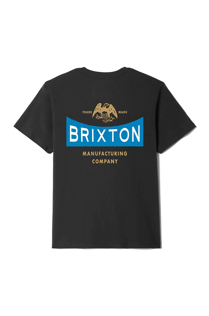 Back view of a black short-sleeve t-shirt featuring a large graphic with an eagle illustration, a prominent blue banner reading "BRIXTON", and the gold text "MANUFACTURING COMPANY".
#color_vintage-black