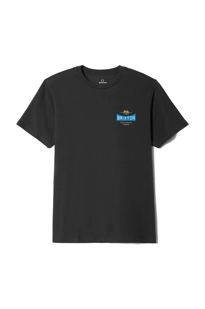 Front view of Brixton Men's Pinnacle short sleeve standard t-shirt in black, featuring a small gold and blue logo graphic on the left chest. #color_vintage-black
