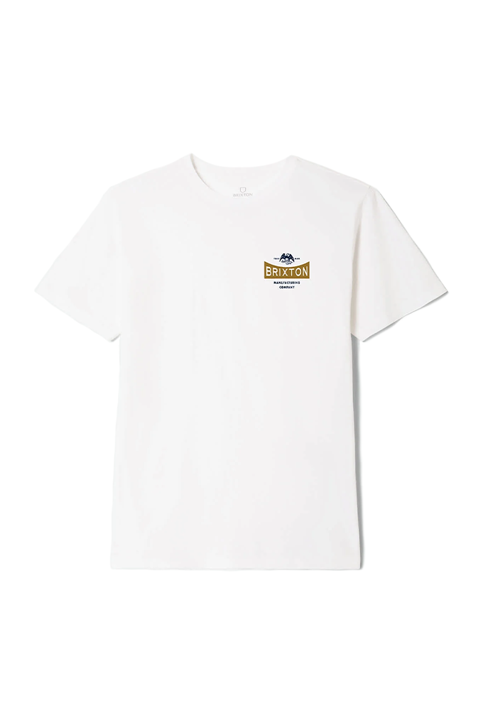 Front view of Brixton Men's Pinnacle short sleeve standard t-shirt in white, featuring a small gold and blue logo graphic on the left chest.#color_white