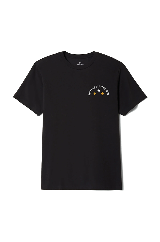 A front-facing studio shot of a black crewneck short-sleeve t-shirt laid flat against a solid white background. The shirt features a small graphic on the left chest with the text "BRIXTON PLAYERS CLUB" arched over small yellow playing card suit icons (diamonds, spades, clubs).