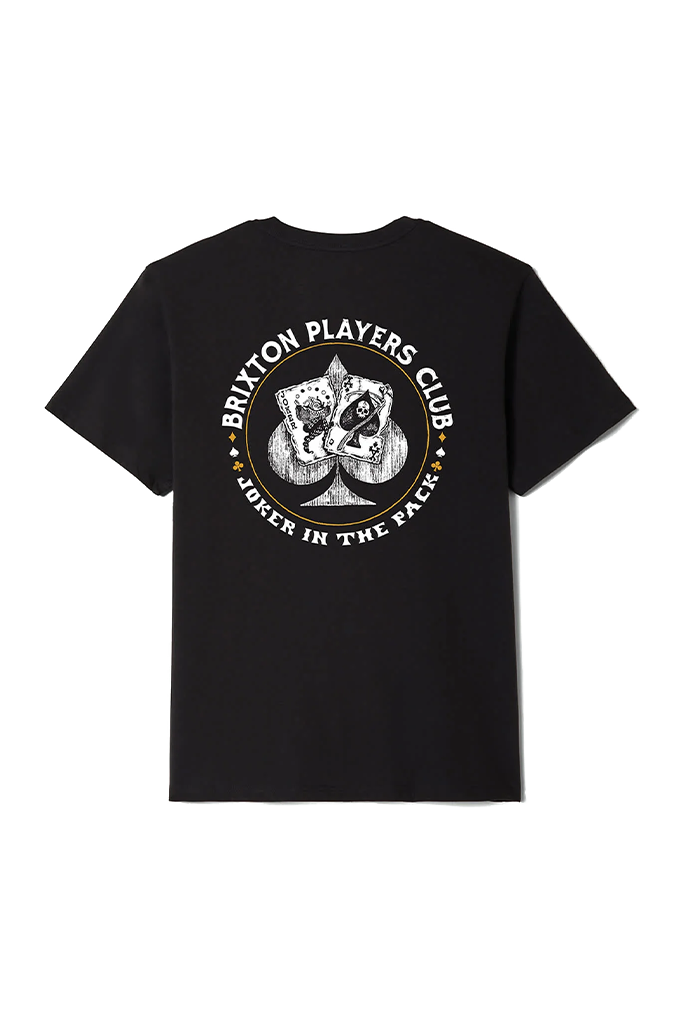 A black short-sleeve crewneck t-shirt displayed flat against a plain white background, showing the back of the shirt. The upper back features a large circular graphic containing a stylized ace of spades playing card emblem with two skeleton joker cards inside it. The text curved around the circular emblem reads "BRIXTON PLAYERS CLUB" at the top and "JOKER IN THE PACK" at the bottom.