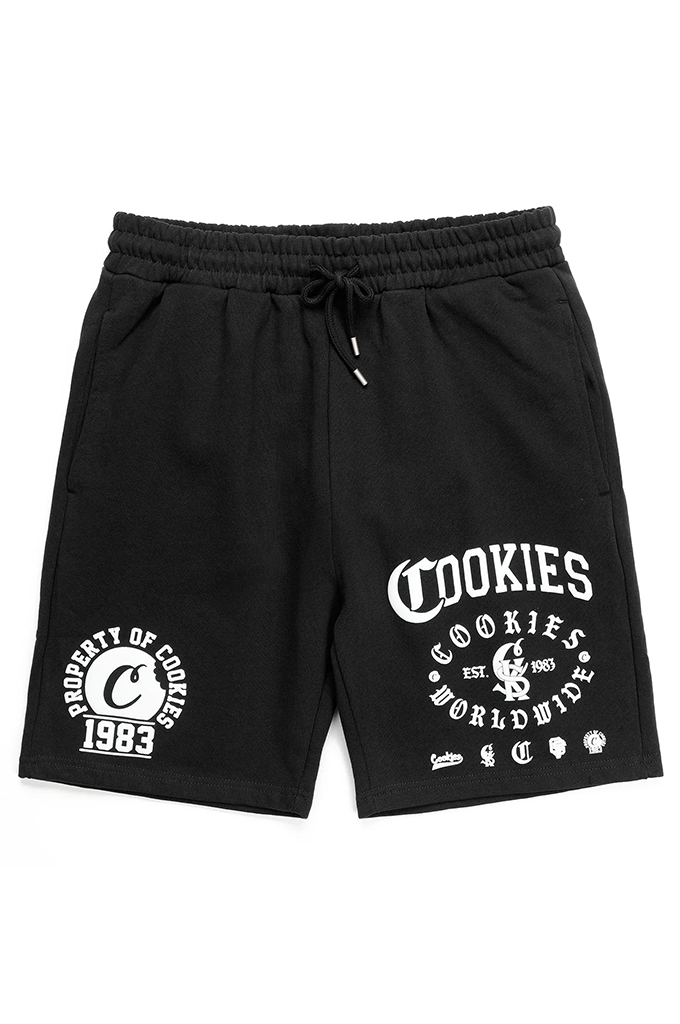 Black sweat shorts with white graphic prints, featuring a drawstring waist and side pockets, shown against a plain white background.