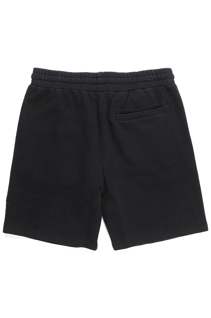 Black shorts with a small logo on a white background