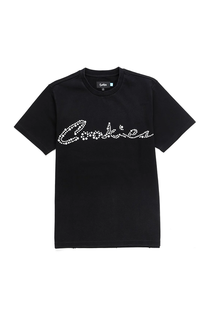 Cookies black tee shirt on a white background with a pearl logo reading Cookies on the chest.