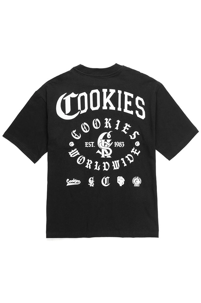 A black short-sleeve t-shirt with a large white graphic print on the back reading 'COOKIES WORLDWIDE EST. 1983' and featuring several small cookie-themed logos underneath, shown against a plain white background.